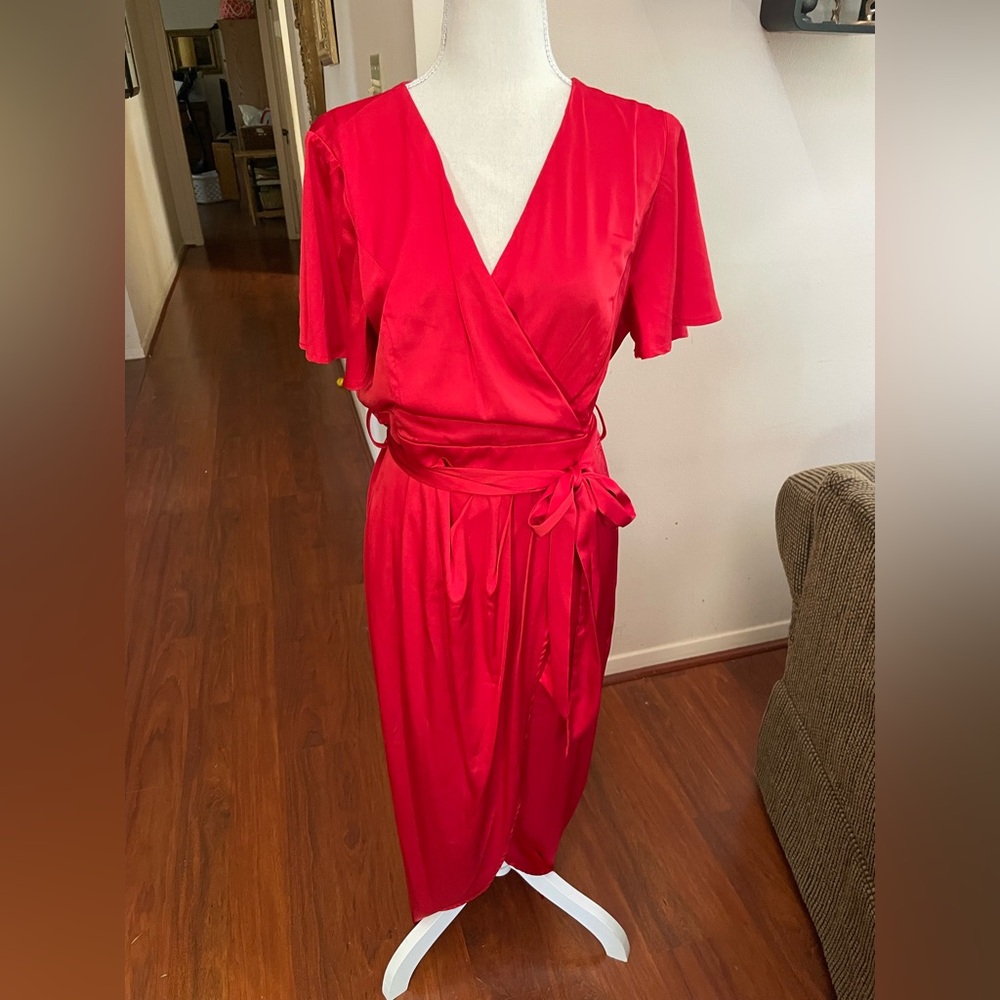 Zesica Red Satin faux wrap Dress LARGE short sleeve stretch V Neck belt zipper - Picture 4 of 16